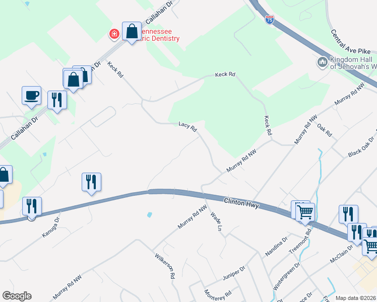 map of restaurants, bars, coffee shops, grocery stores, and more near 6205 Lacy Road in Knoxville