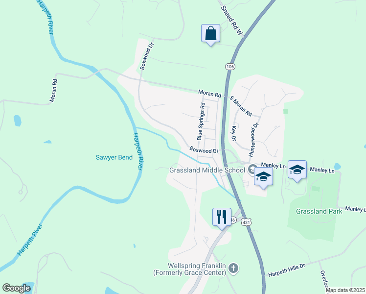 map of restaurants, bars, coffee shops, grocery stores, and more near 1009 Boxwood Drive in Franklin