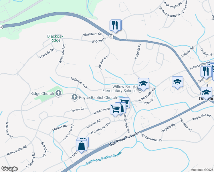 map of restaurants, bars, coffee shops, grocery stores, and more near 266 Jefferson Avenue in Oak Ridge