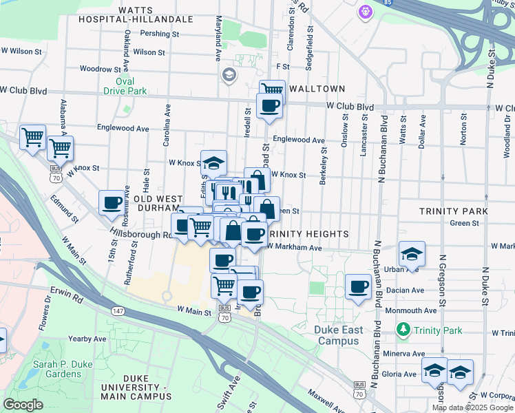 map of restaurants, bars, coffee shops, grocery stores, and more near 901 Broad Street in Durham