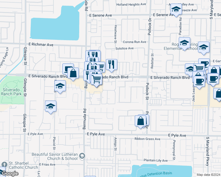 map of restaurants, bars, coffee shops, grocery stores, and more near 555 East Silverado Ranch Boulevard in Las Vegas