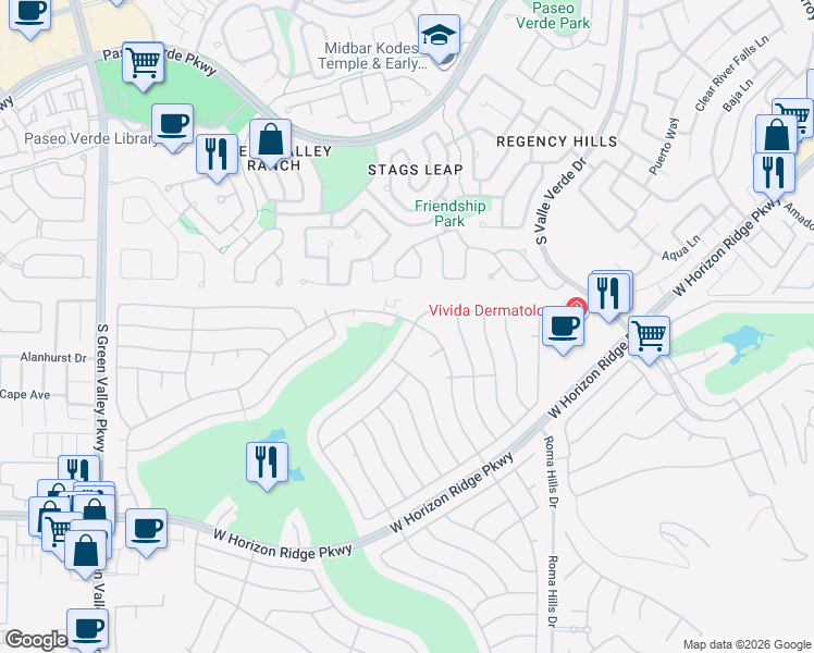 map of restaurants, bars, coffee shops, grocery stores, and more near 2052 Poppywood Avenue in Henderson