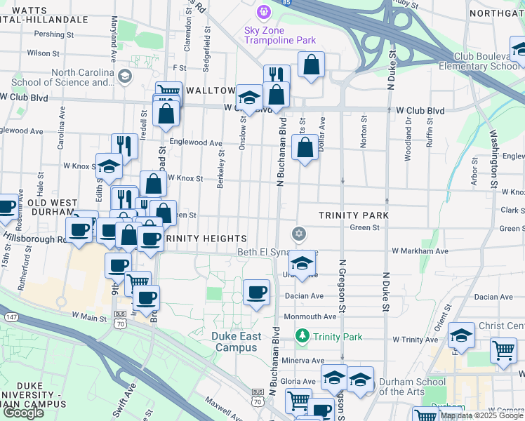 map of restaurants, bars, coffee shops, grocery stores, and more near 904 Lancaster Street in Durham