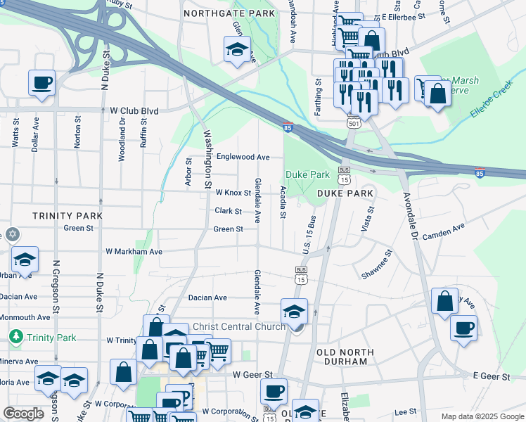 map of restaurants, bars, coffee shops, grocery stores, and more near 1700 Glendale Avenue in Durham