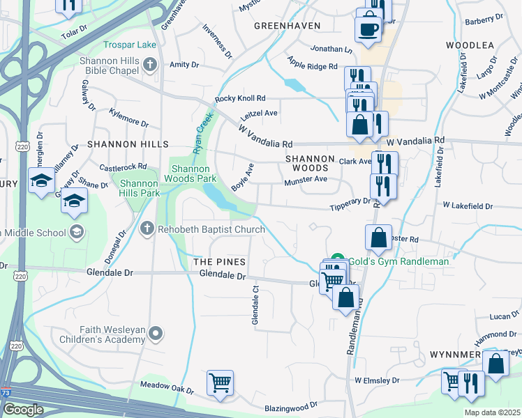 map of restaurants, bars, coffee shops, grocery stores, and more near 621 Tipperary Drive in Greensboro