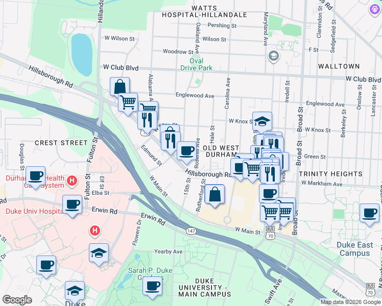 map of restaurants, bars, coffee shops, grocery stores, and more near 2505 Green Street in Durham