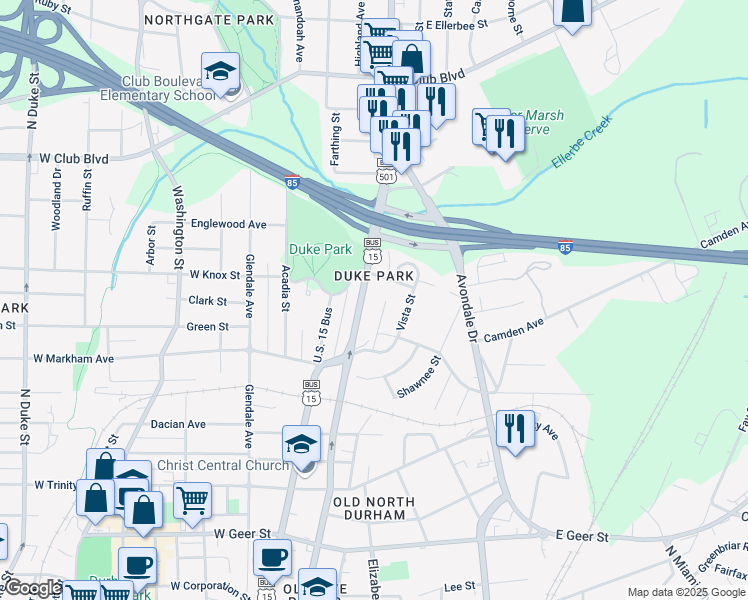 map of restaurants, bars, coffee shops, grocery stores, and more near 1716 North Roxboro Street in Durham
