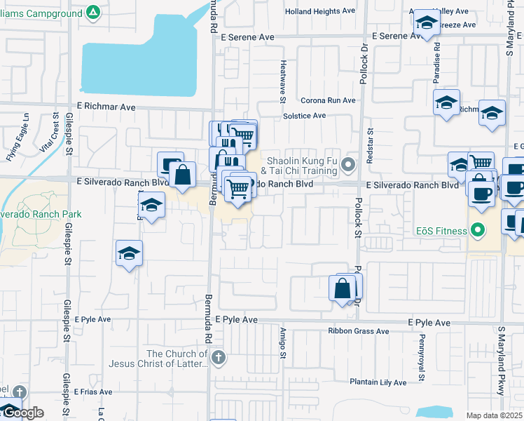 map of restaurants, bars, coffee shops, grocery stores, and more near 555 East Silverado Ranch Boulevard in Las Vegas