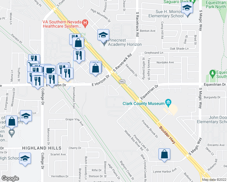 map of restaurants, bars, coffee shops, grocery stores, and more near 1601 South Boulder Highway in Henderson