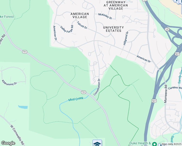 map of restaurants, bars, coffee shops, grocery stores, and more near 100 Constitution Drive in Durham