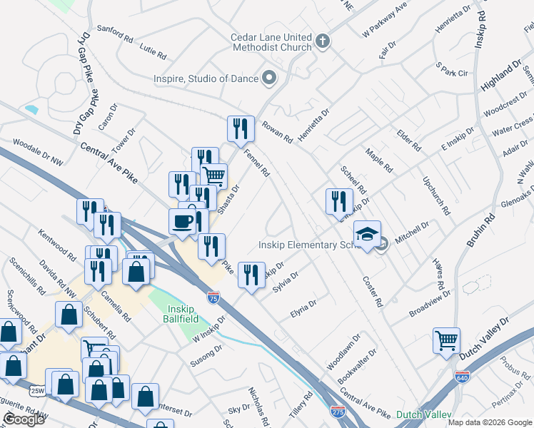 map of restaurants, bars, coffee shops, grocery stores, and more near 207 North Laurel Circle in Knoxville