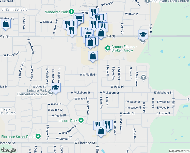 map of restaurants, bars, coffee shops, grocery stores, and more near 701 West South Park Boulevard in Broken Arrow