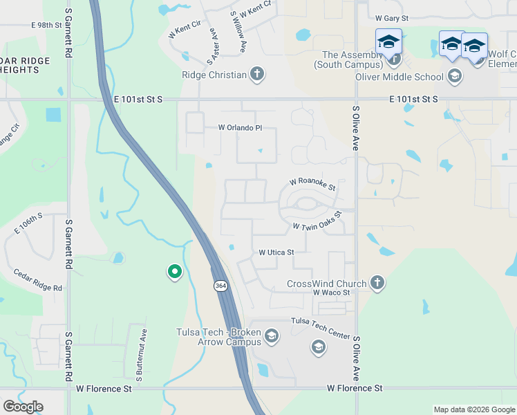 map of restaurants, bars, coffee shops, grocery stores, and more near 4035 West Roanoke Place in Broken Arrow