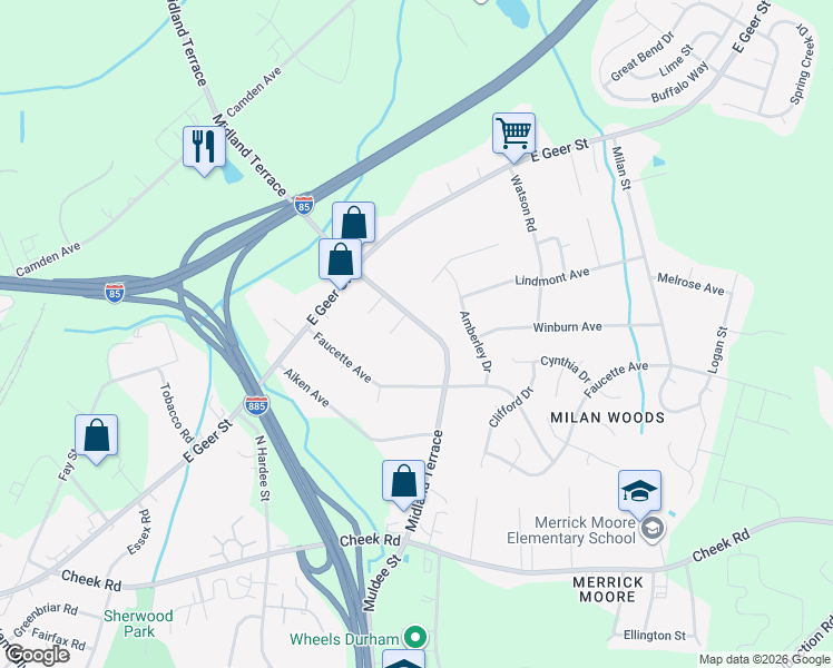 map of restaurants, bars, coffee shops, grocery stores, and more near 1125 Midland Terrace in Durham