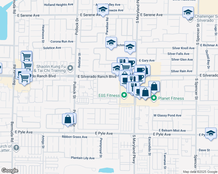 map of restaurants, bars, coffee shops, grocery stores, and more near 1055 East Silverado Ranch Boulevard in Las Vegas