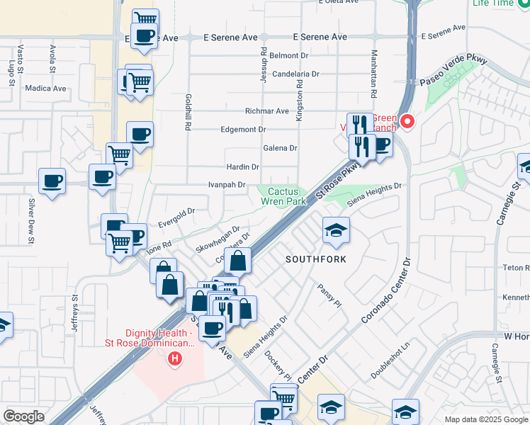 map of restaurants, bars, coffee shops, grocery stores, and more near 2848 Skowhegan Drive in Henderson