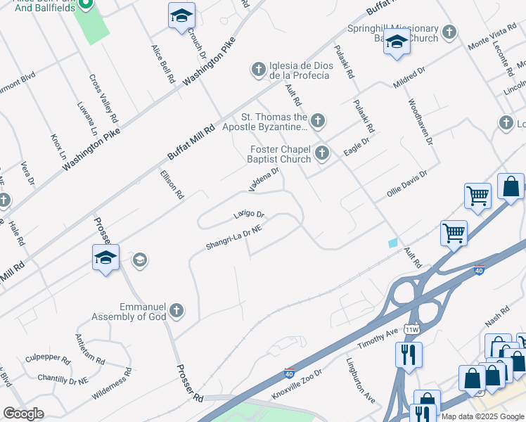 map of restaurants, bars, coffee shops, grocery stores, and more near 4008 Larigo Drive in Knoxville