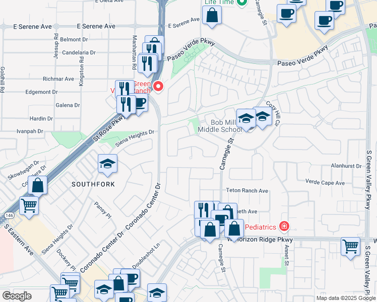 map of restaurants, bars, coffee shops, grocery stores, and more near 360 Vincents Hollow Circle in Henderson