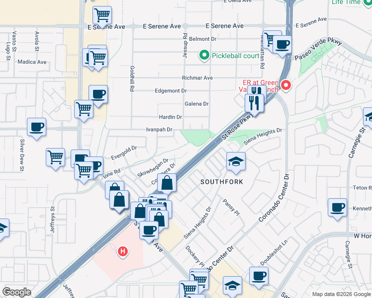 map of restaurants, bars, coffee shops, grocery stores, and more near 2848 Skowhegan Drive in Henderson