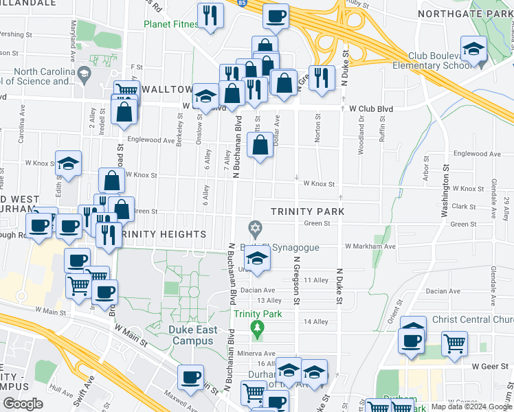 map of restaurants, bars, coffee shops, grocery stores, and more near 1110 Watts Street in Durham