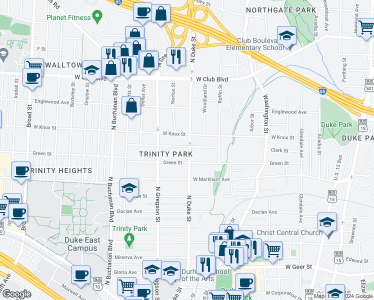 map of restaurants, bars, coffee shops, grocery stores, and more near 1209 North Duke Street in Durham