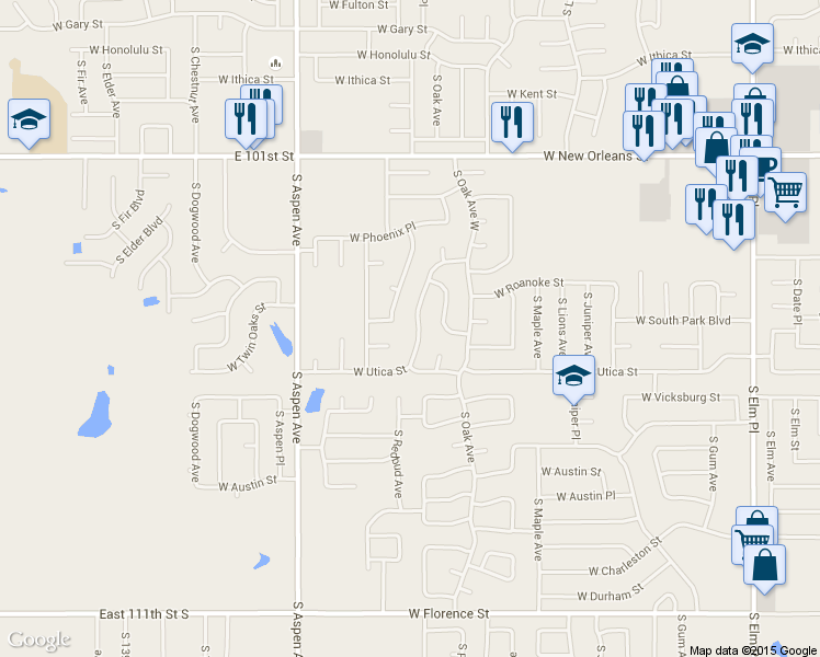 map of restaurants, bars, coffee shops, grocery stores, and more near 4104 South Redbud Avenue in Broken Arrow
