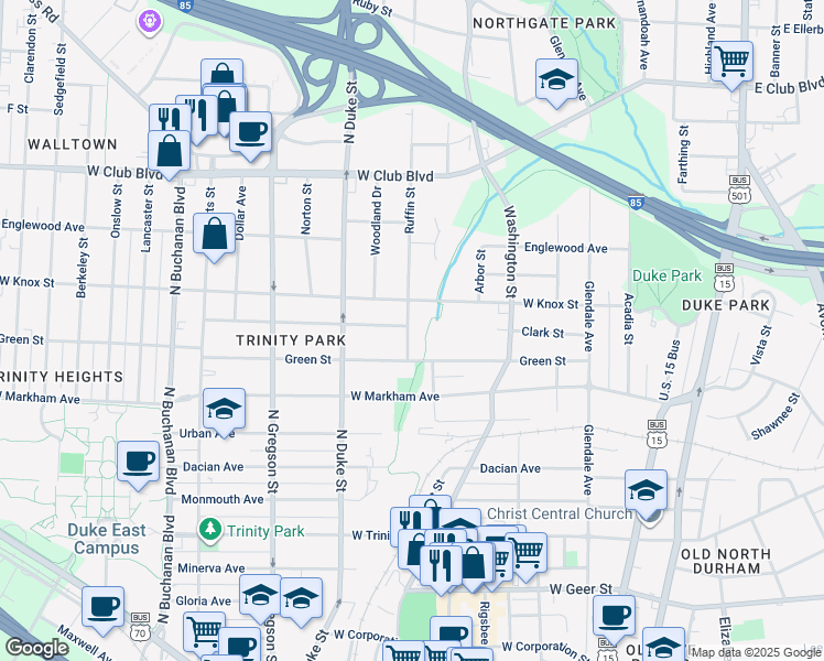 map of restaurants, bars, coffee shops, grocery stores, and more near 1212 Ruffin Street in Durham