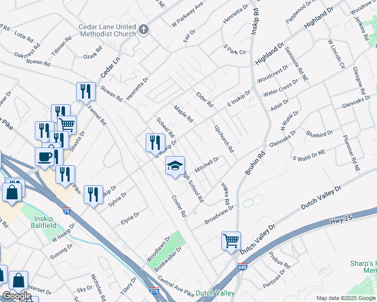 map of restaurants, bars, coffee shops, grocery stores, and more near 620 East Inskip Drive in Knoxville