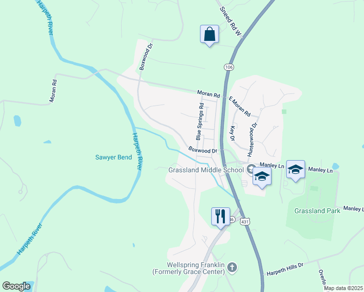 map of restaurants, bars, coffee shops, grocery stores, and more near 1009 Boxwood Drive in Franklin