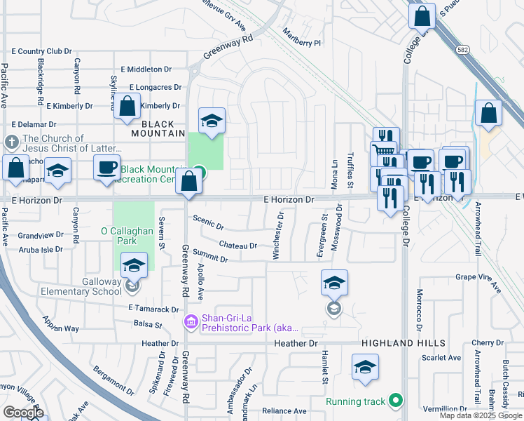map of restaurants, bars, coffee shops, grocery stores, and more near 605 Overland Dr in Henderson