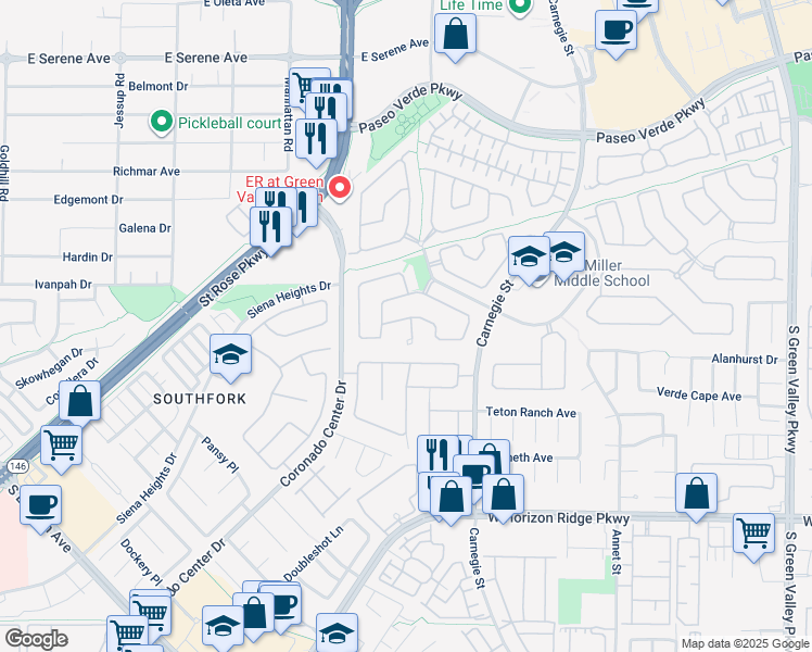 map of restaurants, bars, coffee shops, grocery stores, and more near 360 Vincents Hollow Circle in Henderson