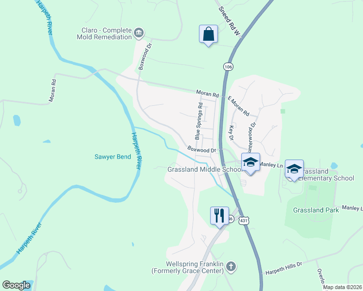 map of restaurants, bars, coffee shops, grocery stores, and more near 1009 Boxwood Drive in Franklin