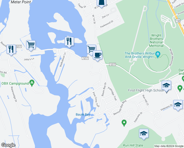 map of restaurants, bars, coffee shops, grocery stores, and more near 102 Pirates Moor Drive in Kill Devil Hills
