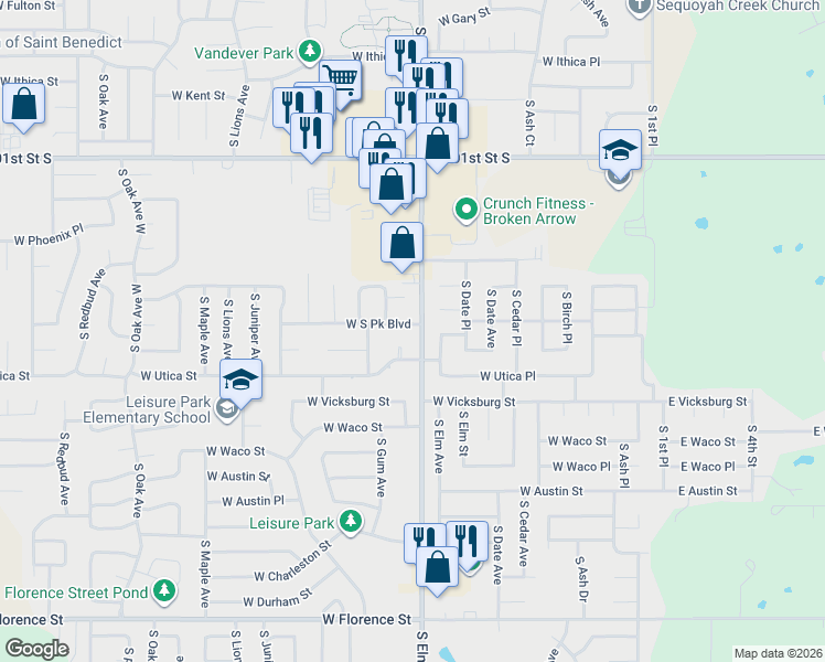 map of restaurants, bars, coffee shops, grocery stores, and more near 701 West South Park Boulevard in Broken Arrow