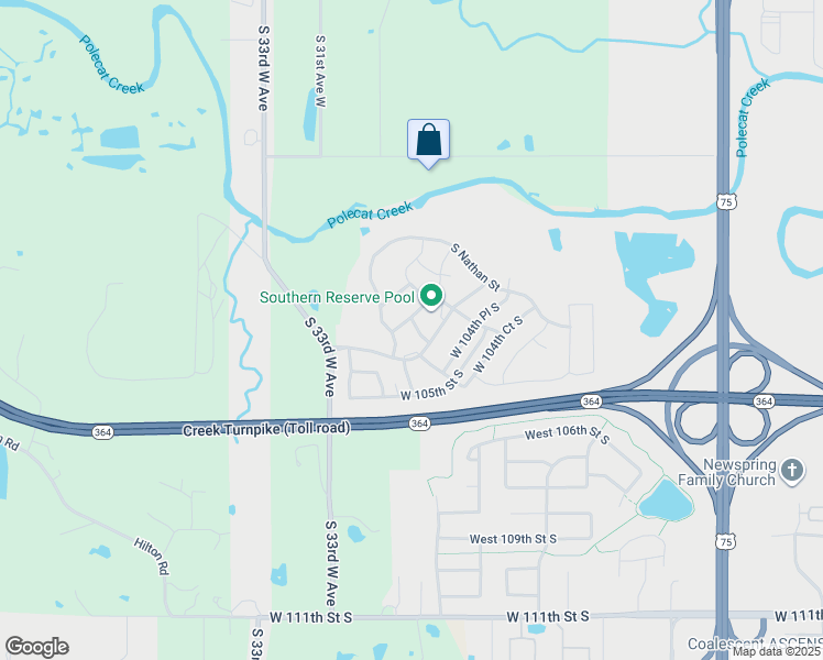 map of restaurants, bars, coffee shops, grocery stores, and more near 10326 South Olmsted Place in Sapulpa
