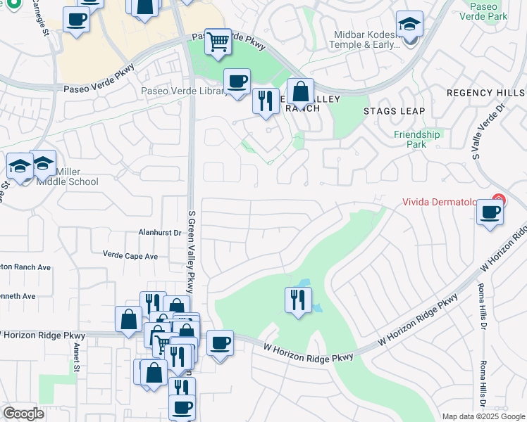 map of restaurants, bars, coffee shops, grocery stores, and more near 2150 Chapman Ranch Drive in Henderson