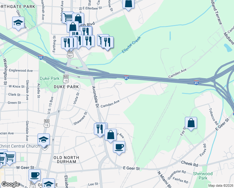 map of restaurants, bars, coffee shops, grocery stores, and more near 610 East Knox Street in Durham