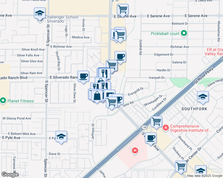 map of restaurants, bars, coffee shops, grocery stores, and more near 2997 Clarity Court in Henderson