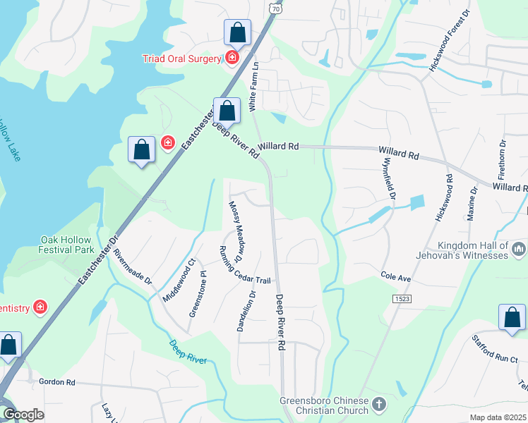 map of restaurants, bars, coffee shops, grocery stores, and more near 3646 Sunset Hollow Drive in High Point