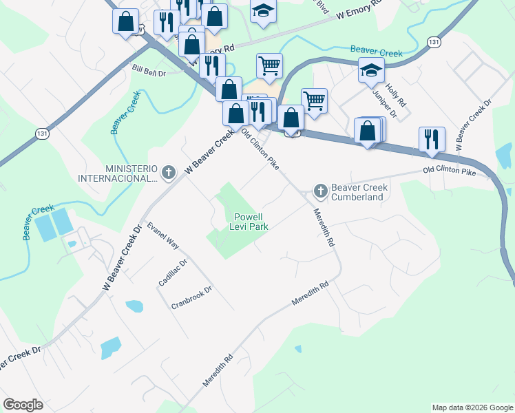 map of restaurants, bars, coffee shops, grocery stores, and more near 3571 Pebblebrook Way in Knoxville