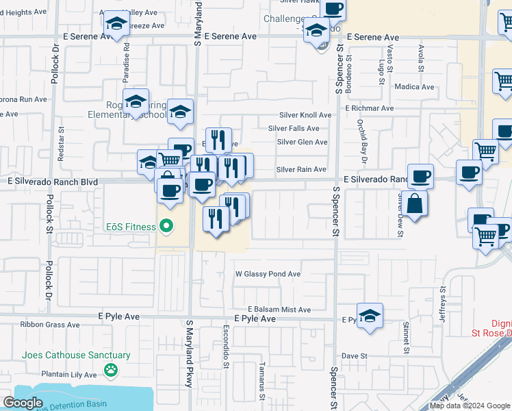 map of restaurants, bars, coffee shops, grocery stores, and more near 9760 Ramhorn Canyon Street in Las Vegas
