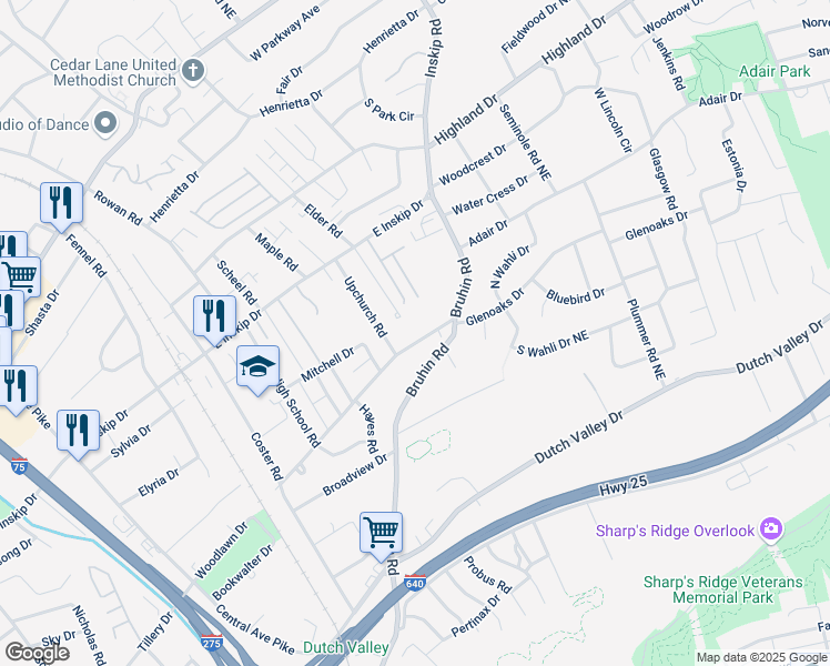 map of restaurants, bars, coffee shops, grocery stores, and more near 809 Glenoaks Drive in Knoxville