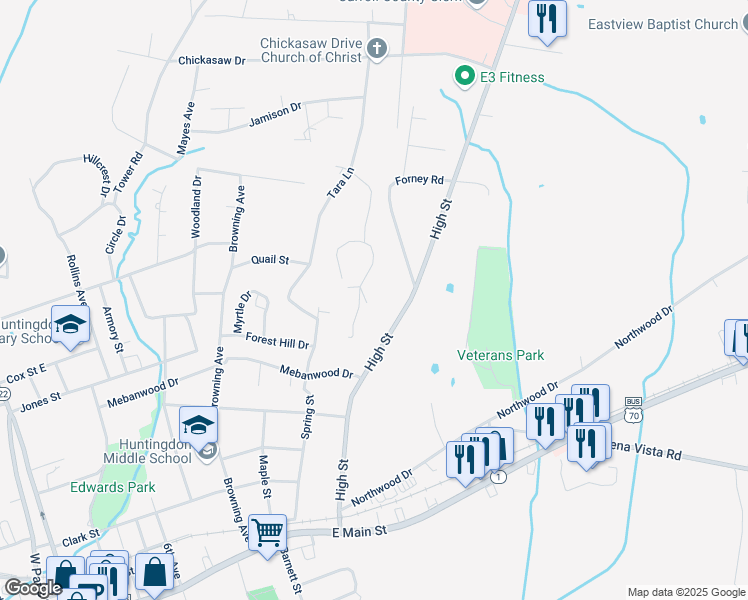 map of restaurants, bars, coffee shops, grocery stores, and more near 132 Oak Drive in Huntingdon
