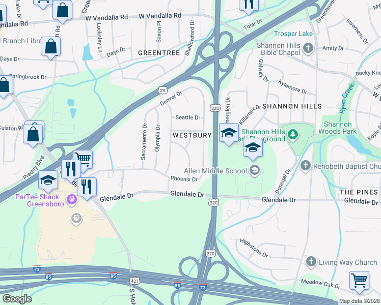 map of restaurants, bars, coffee shops, grocery stores, and more near 4303 Santa Fe Trail in Greensboro