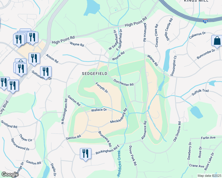 map of restaurants, bars, coffee shops, grocery stores, and more near 3217 Forsyth Drive in Greensboro