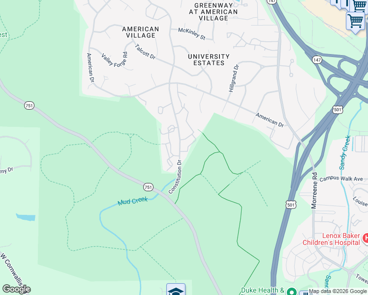 map of restaurants, bars, coffee shops, grocery stores, and more near 201 White Pine Drive in Durham