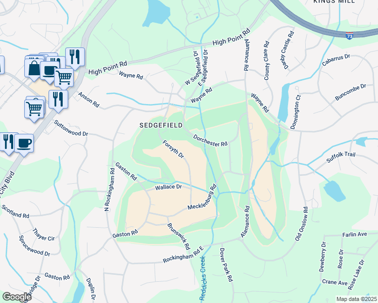 map of restaurants, bars, coffee shops, grocery stores, and more near 3217 Forsyth Drive in Greensboro