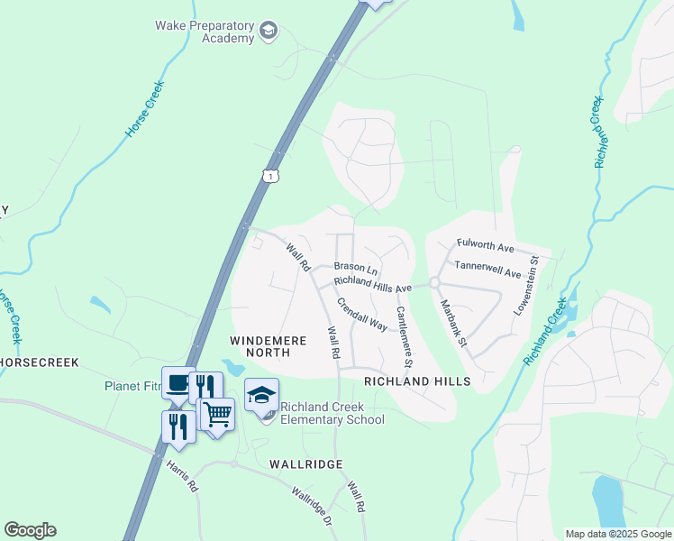 map of restaurants, bars, coffee shops, grocery stores, and more near 1209 Brason Lane in Wake Forest