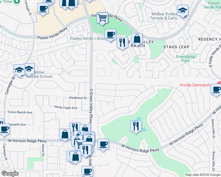 map of restaurants, bars, coffee shops, grocery stores, and more near 2170 Chapman Ranch Drive in Henderson