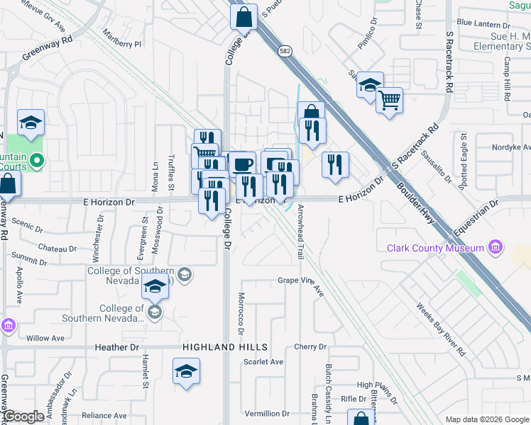 map of restaurants, bars, coffee shops, grocery stores, and more near 740 East Horizon Drive in Henderson